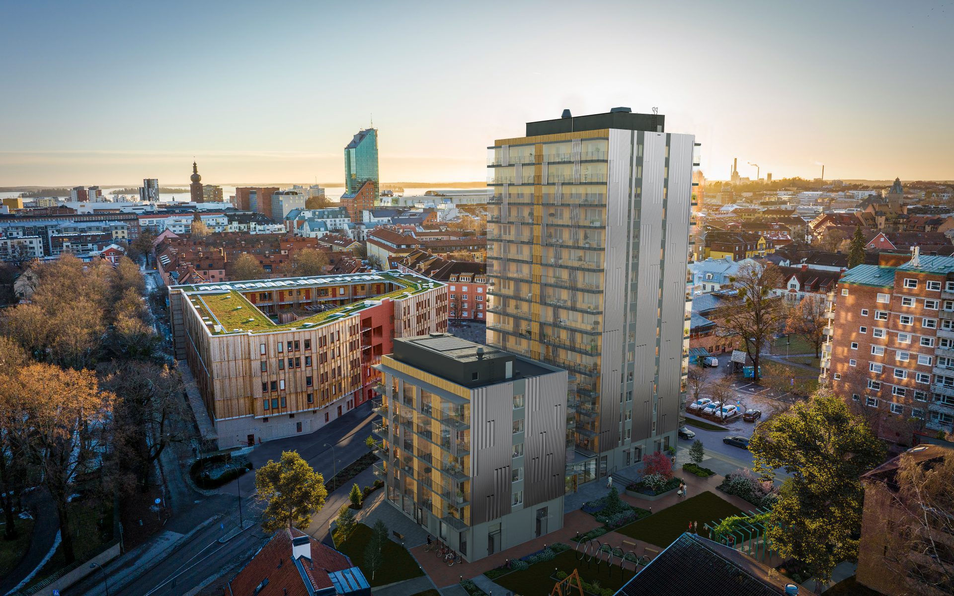 Drönarbild över kvarteret Hulte, med utsikt över Västerås city och Mälaren.